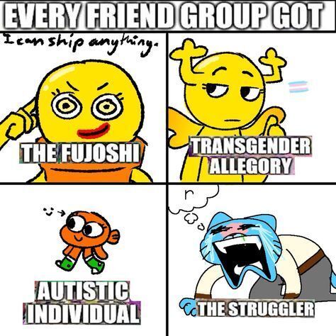 A four grid picture of four characters from Gumball with top text Every Friend Group Got.Sara with the text "The Fujoshi", Penny in her spirit form with the text "Transgender Allegory", Darwin with the text "Autistic Individual" and Gumball with the text :The Strugguler"