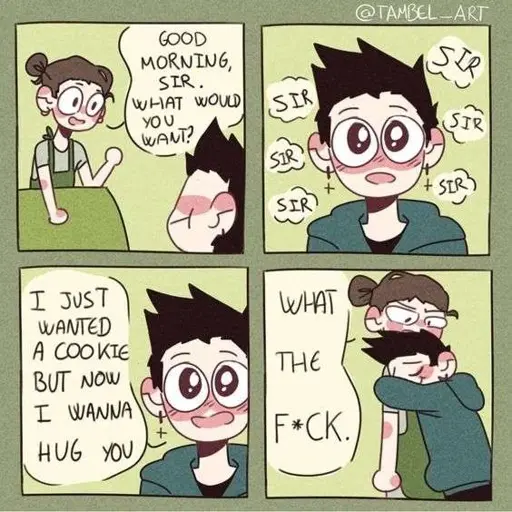 A four panel comic. A cashier greets the main character "Good morning, sir. What would you want?". In the next panel the main dude is beaming about being called "sir", then he says "I just wanted a cookie but now I wanna hug you", before hugging her in the last panel whiles she goes "What the fuck"