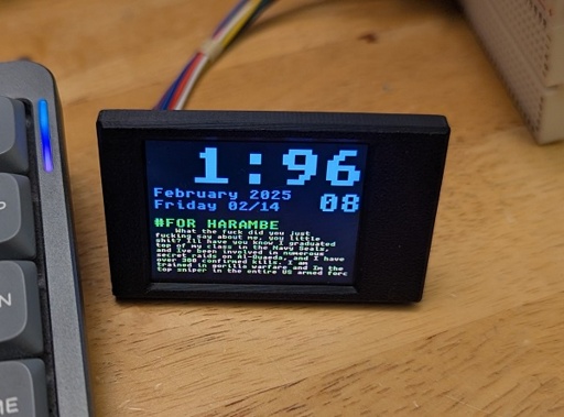 LCD clock showing 1:96 as the time, followed by the date, "#for harambe" and the navy seal copypasta