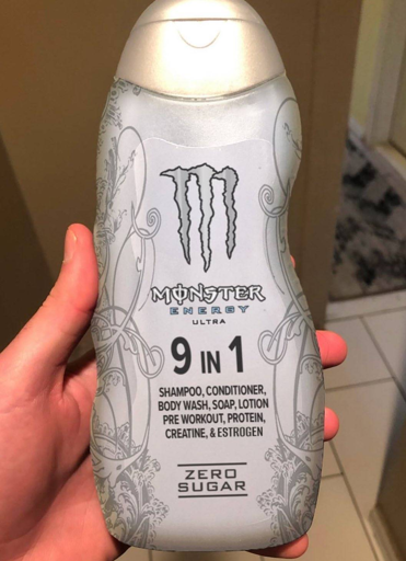 Monster Energy 9 in 1 Shampoo, Conditioner, Body Wash, Soap, Lotion, Pre Workout, Protein, Creatine, and Estrogen