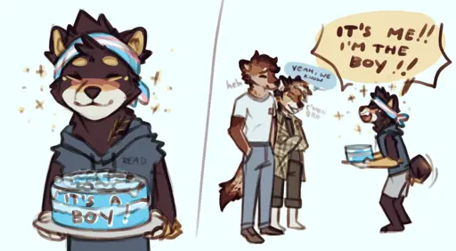 The first panel shows a wolf boy with a trans headband holding a blue cake that says "it's a boy!" In the next panel he stands before two other wolf people and excitedly says "It's me!! I'm the boy!!". The other two seem happy and say things like "Yeah, we know", "C'mon bro", and "heh"